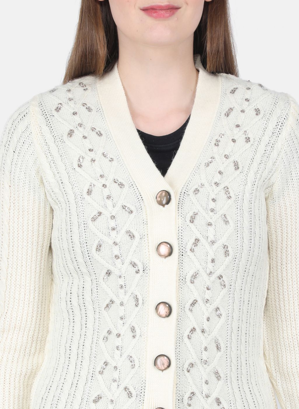 Women Off White Self Design Cardigan