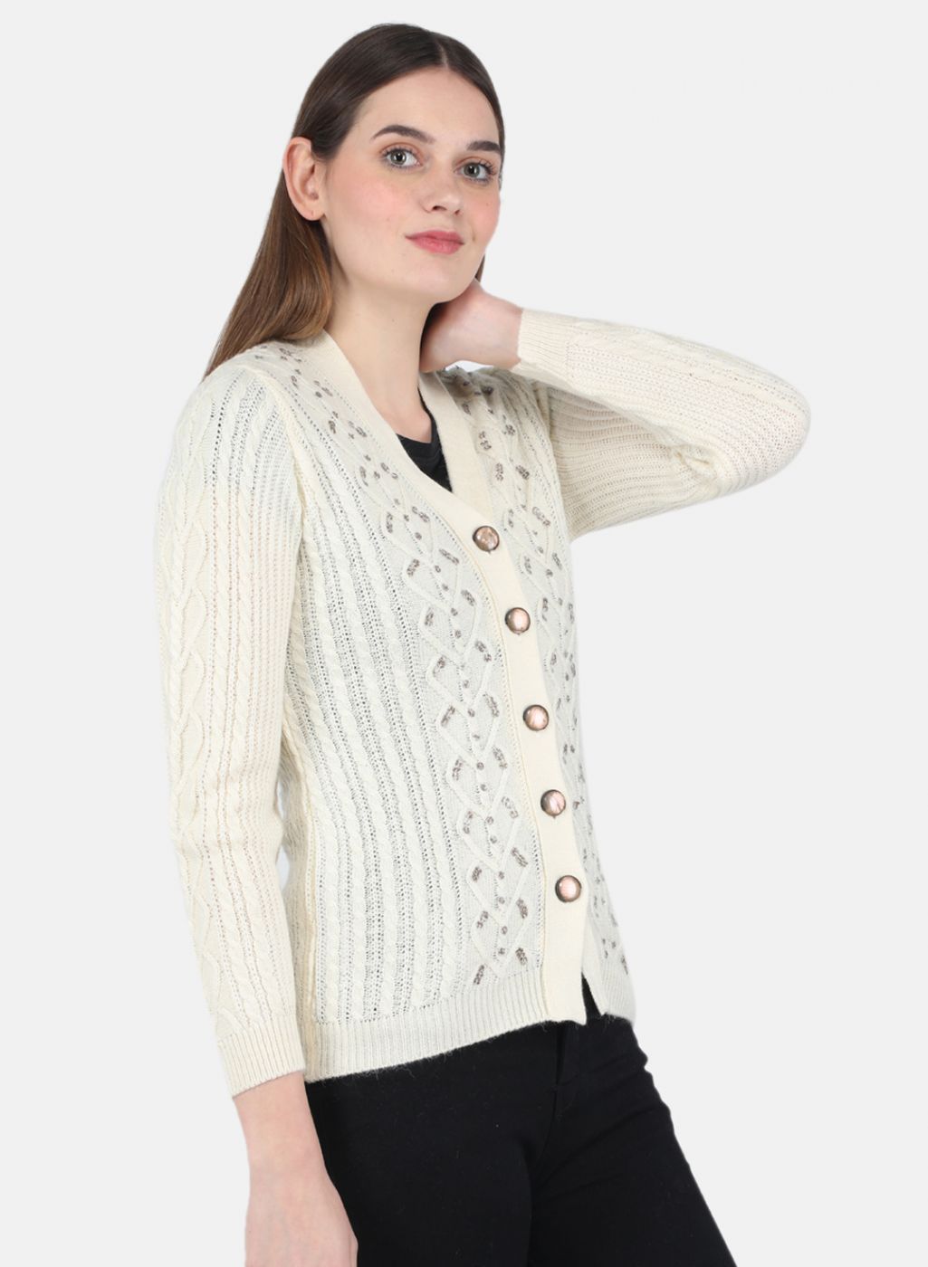 Women Off White Self Design Cardigan