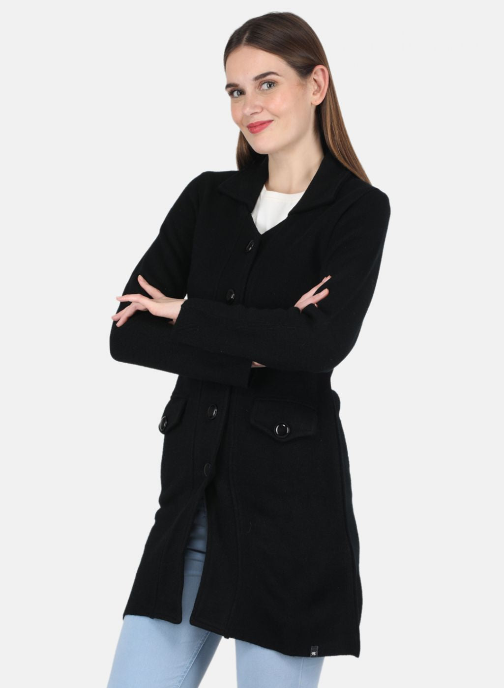 Women Black Self design Coat