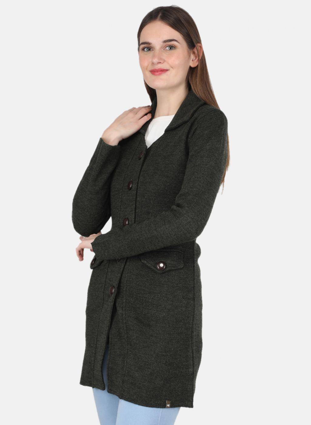 Women Olive Self design Coat