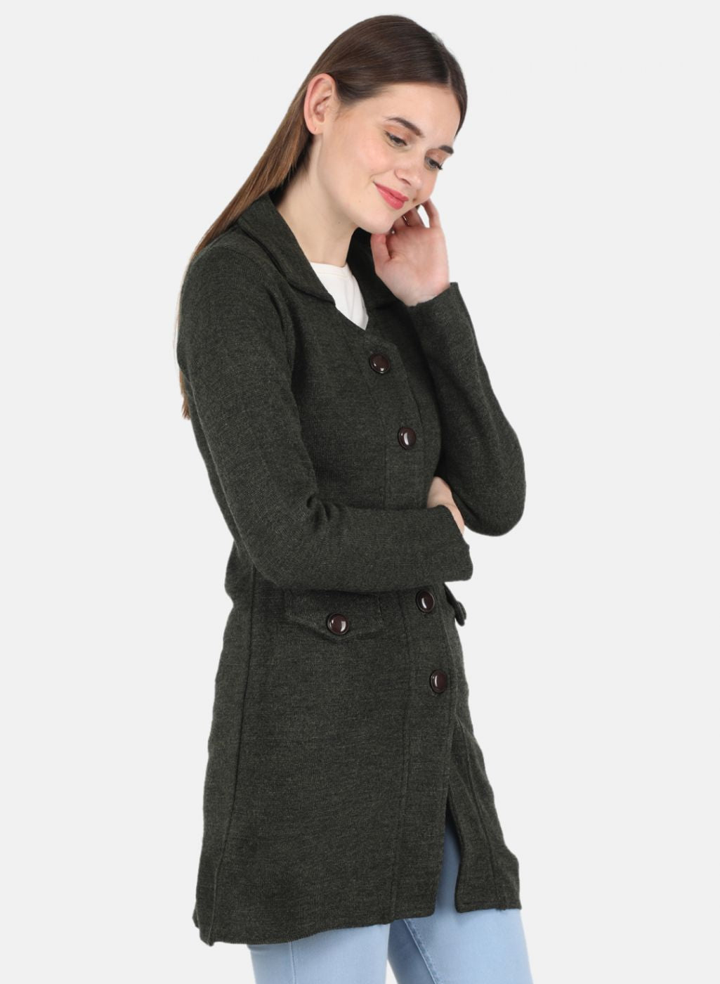 Women Olive Self design Coat