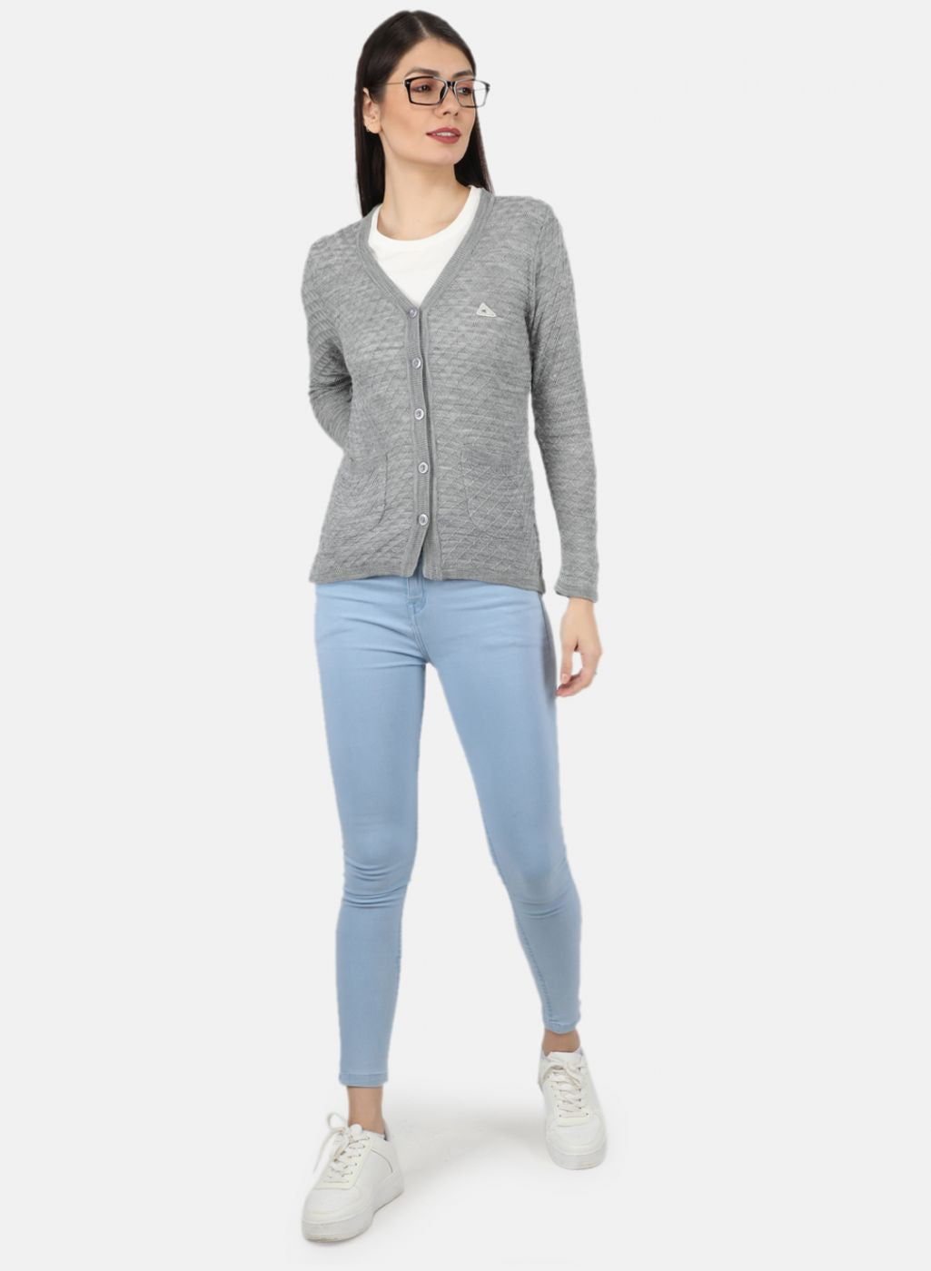 Women Grey Self Design Cardigan