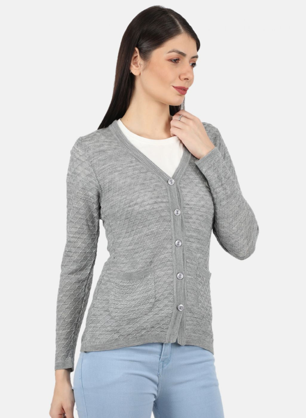 Women Grey Self Design Cardigan