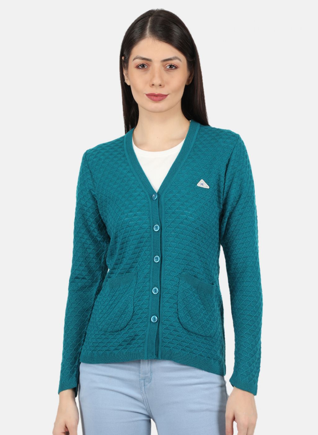 Women Blue Self Design Cardigan