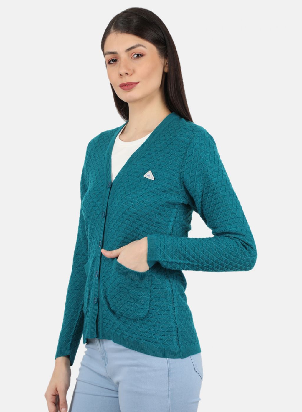 Women Blue Self Design Cardigan