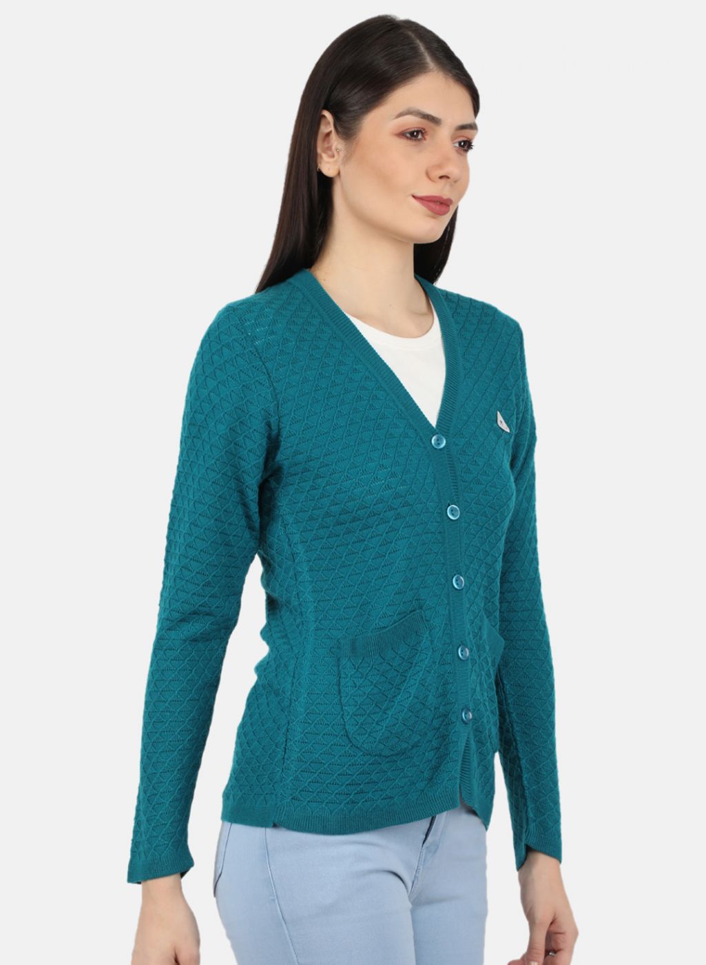 Women Blue Self Design Cardigan