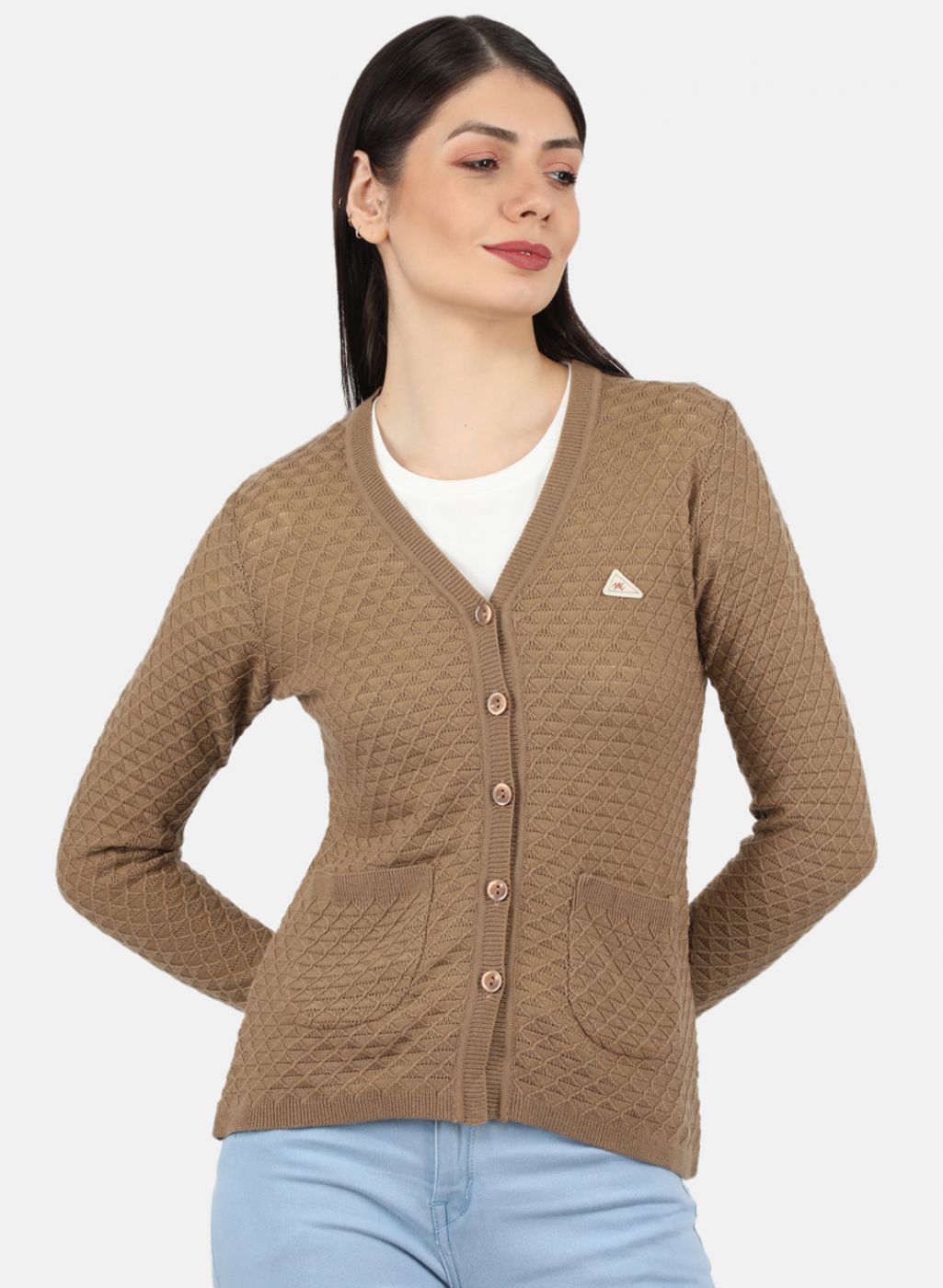 Women Brown Self Design Cardigan