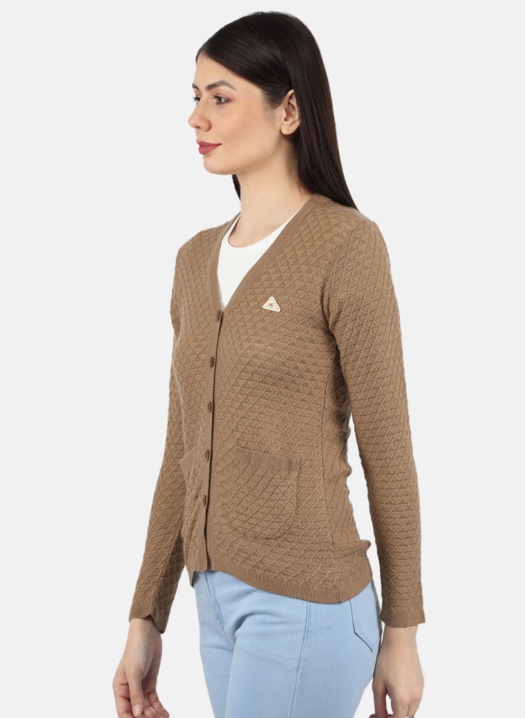 Women Brown Self Design Cardigan