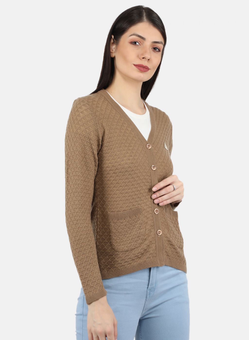 Women Brown Self Design Cardigan