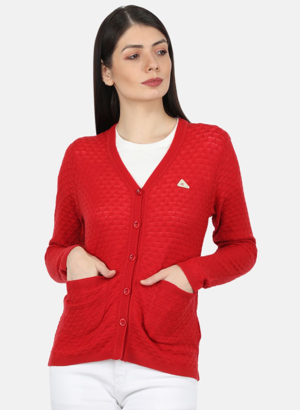 Women Red Self Design Cardigan