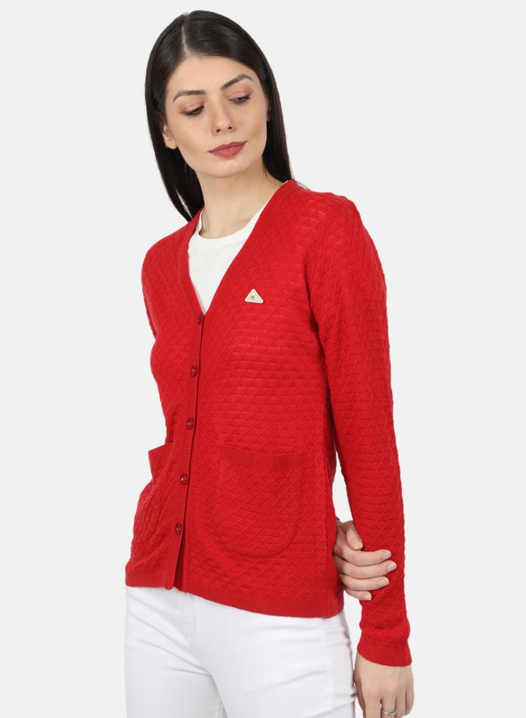 Women Red Self Design Cardigan