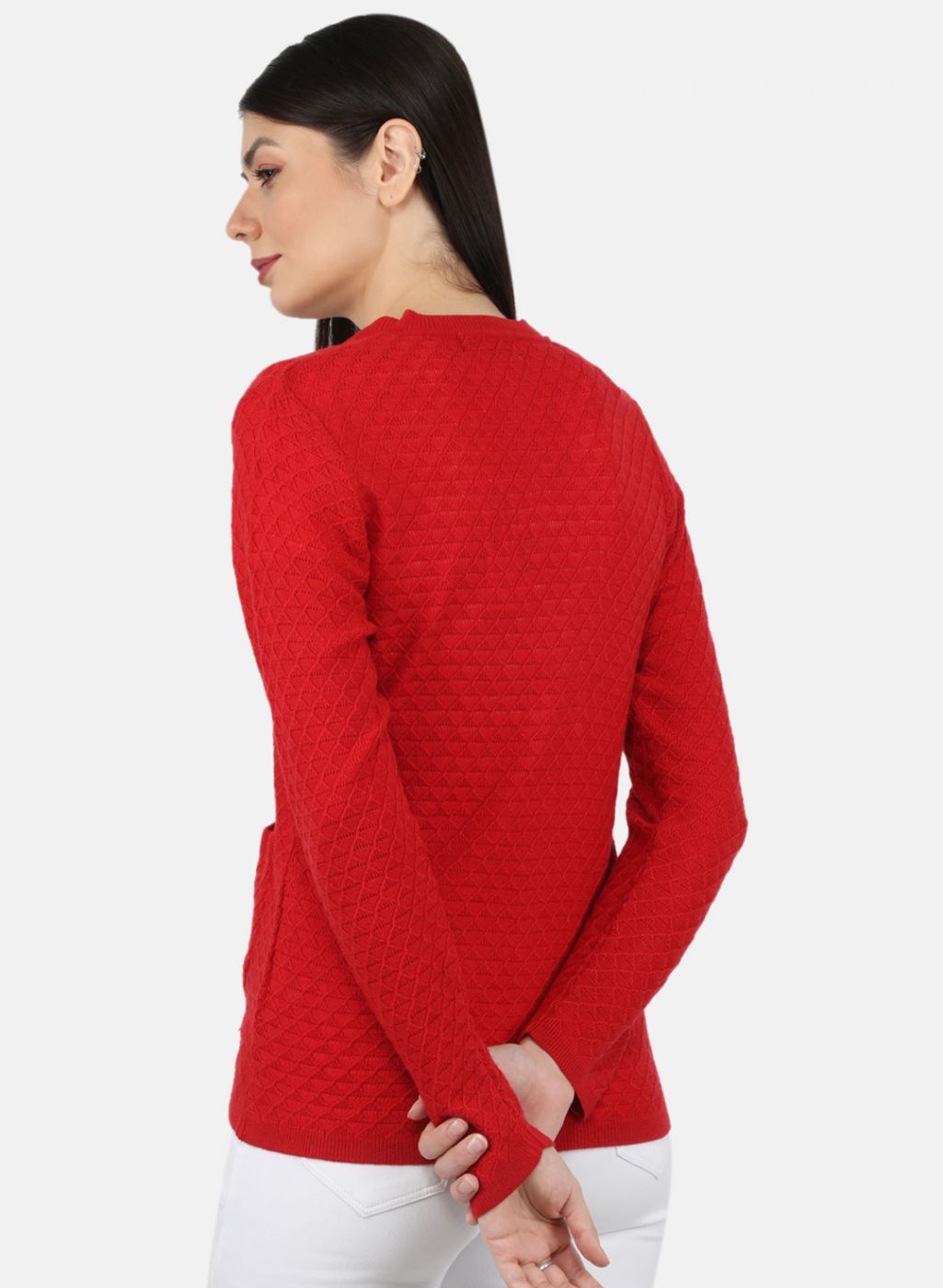 Women Red Self Design Cardigan