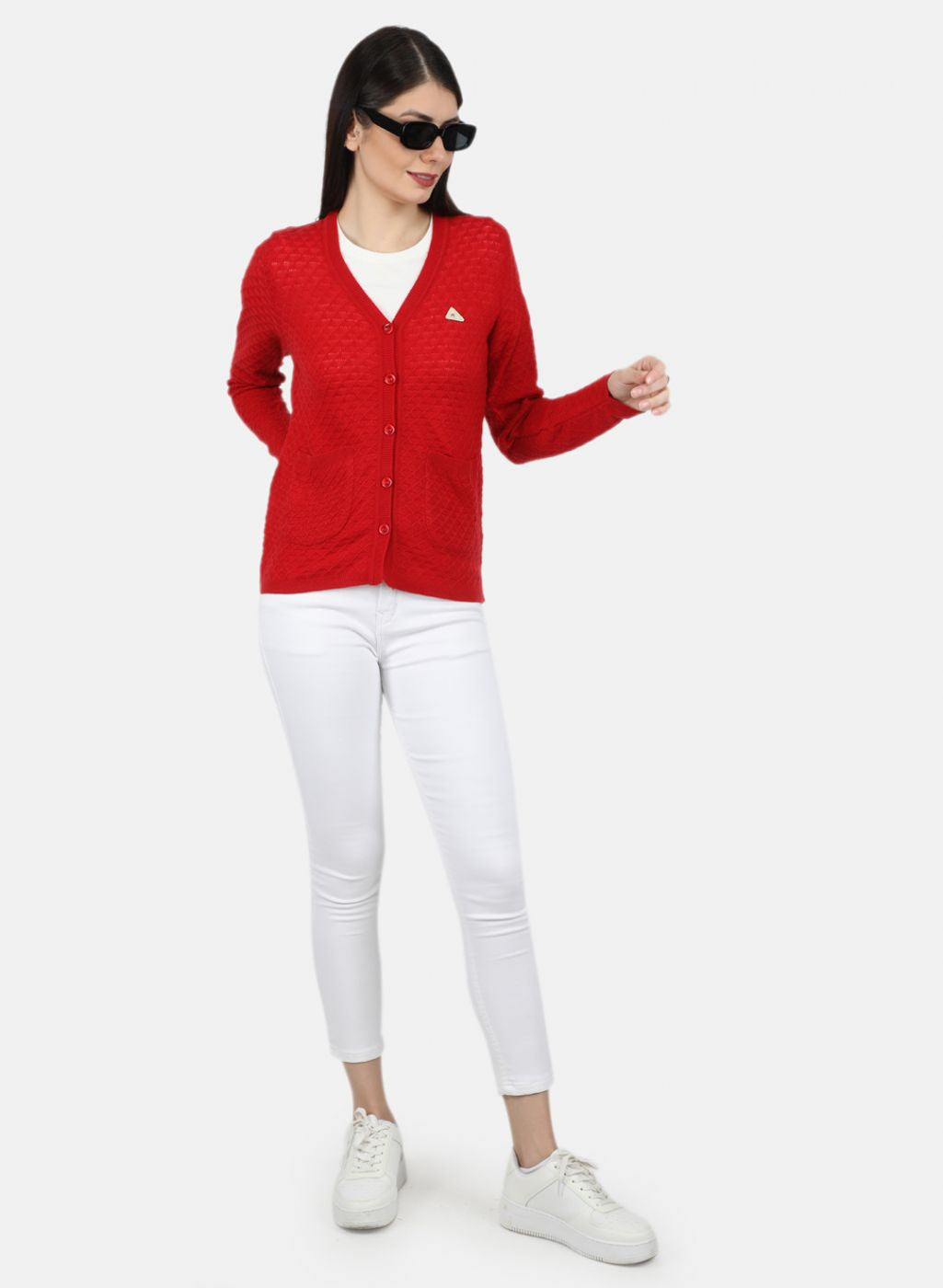 Women Red Self Design Cardigan