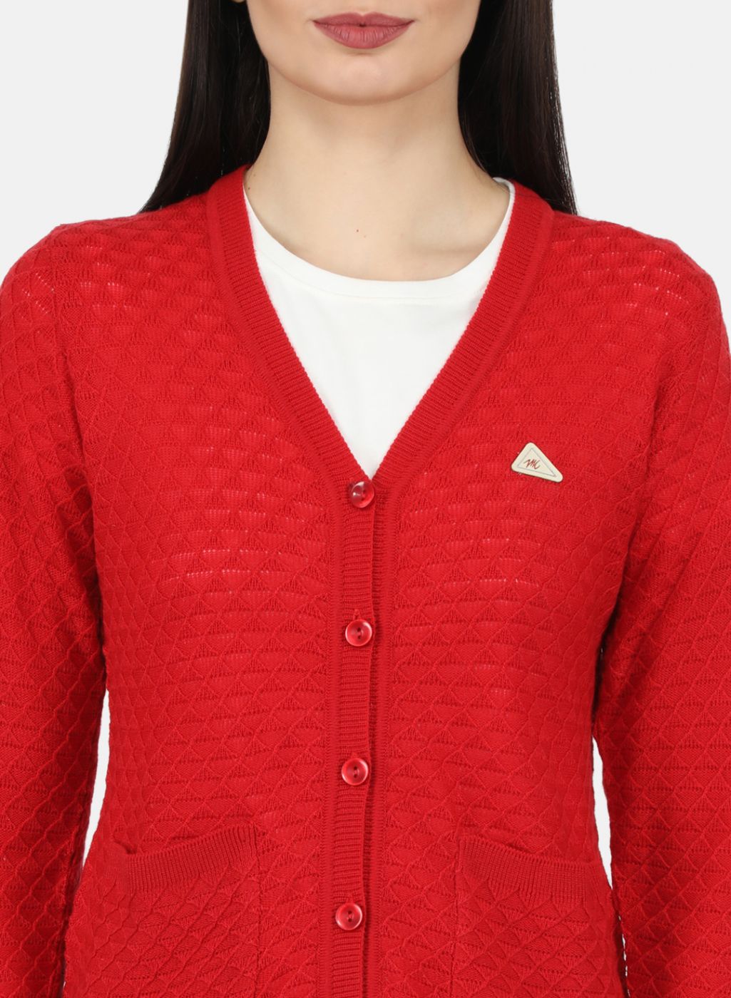 Women Red Self Design Cardigan