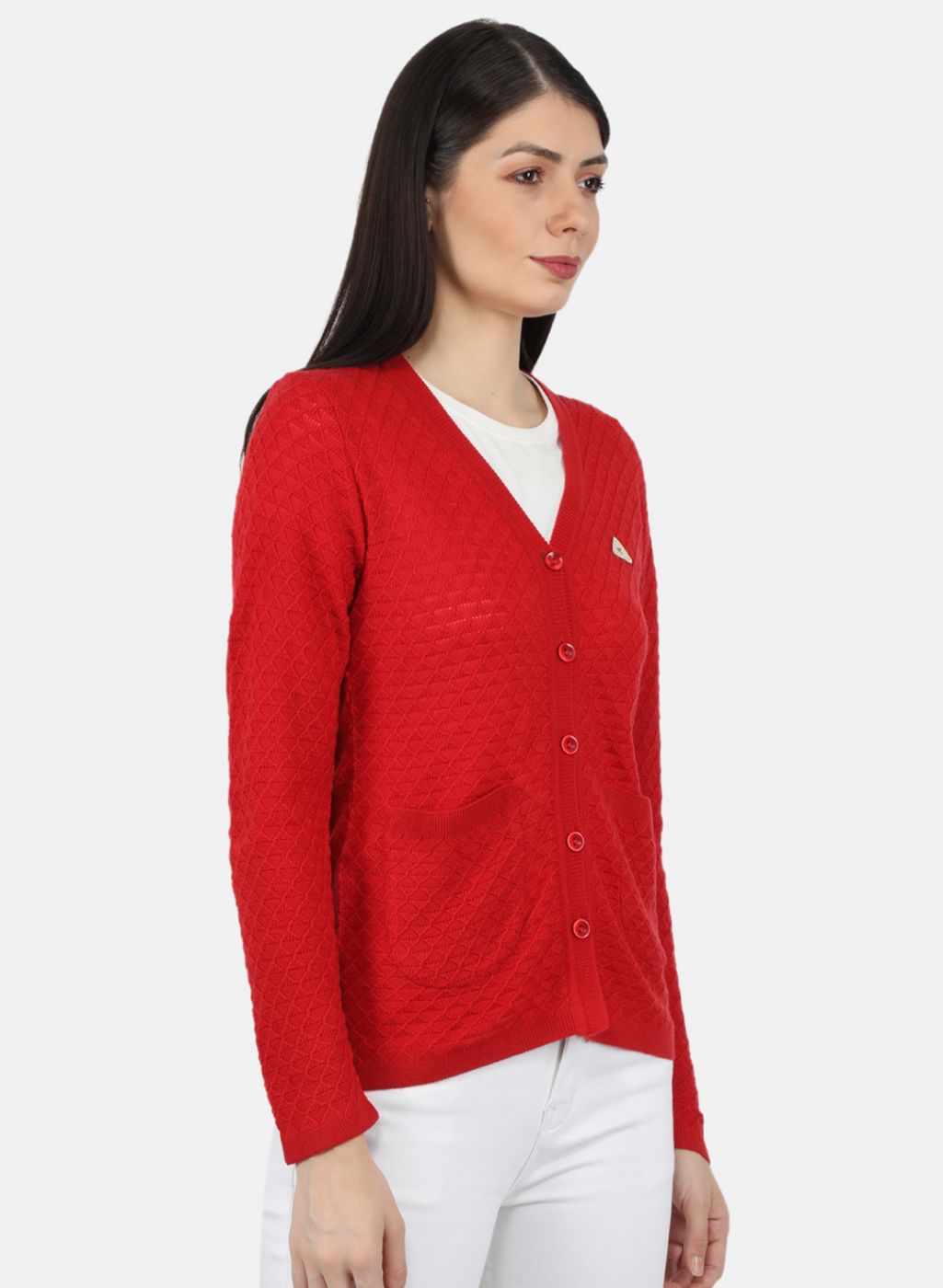 Women Red Self Design Cardigan