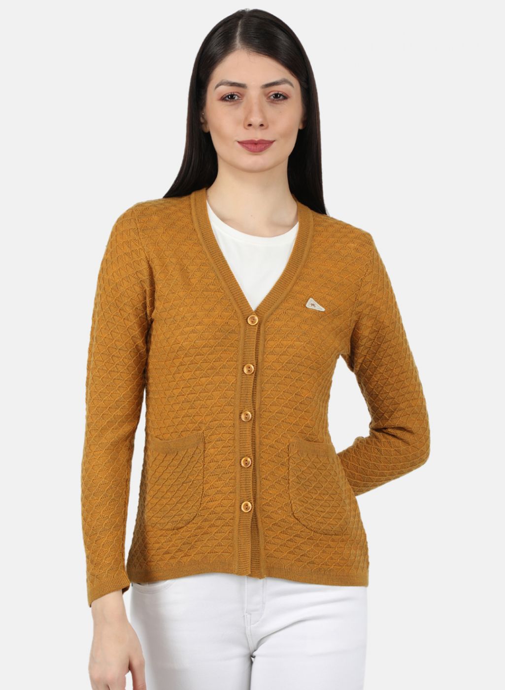 Women Yellow Self Design Cardigan