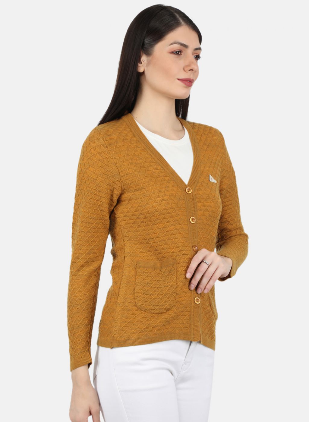 Women Yellow Self Design Cardigan