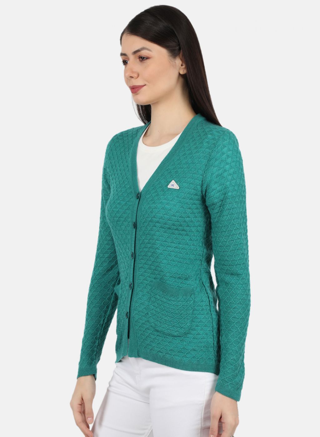 Women Sea Green Self Design Cardigan