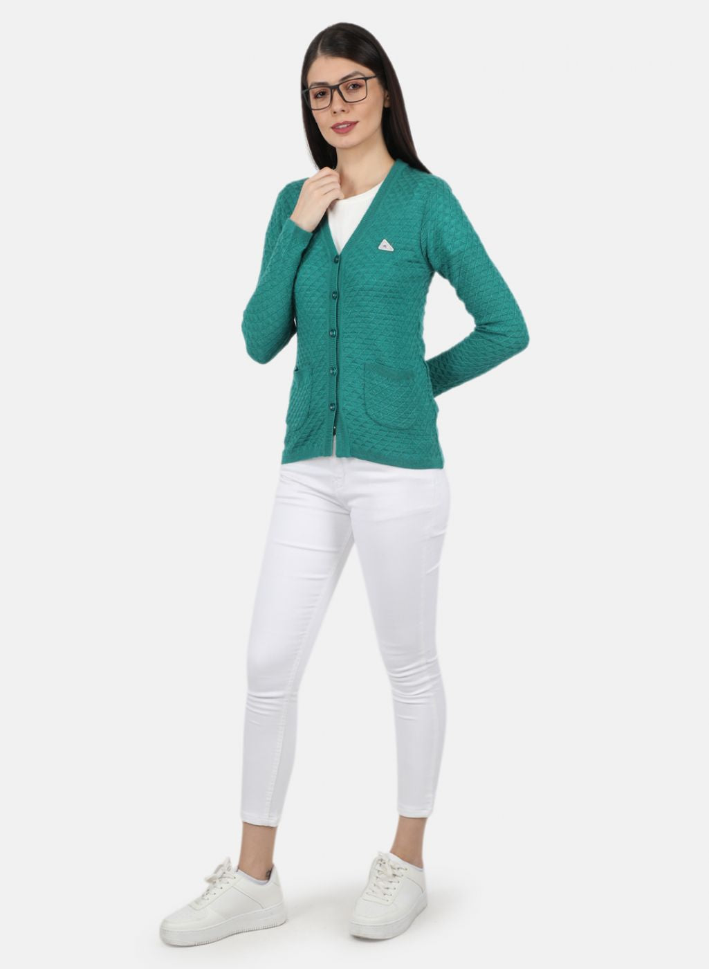 Women Sea Green Self Design Cardigan