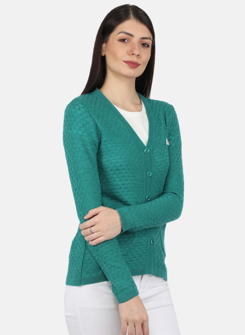 Women Sea Green Self Design Cardigan