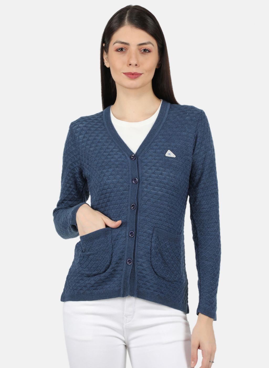 Women Blue Self Design Cardigan