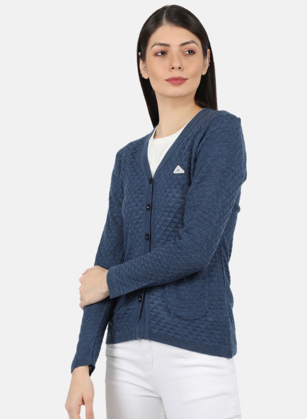 Women Blue Self Design Cardigan