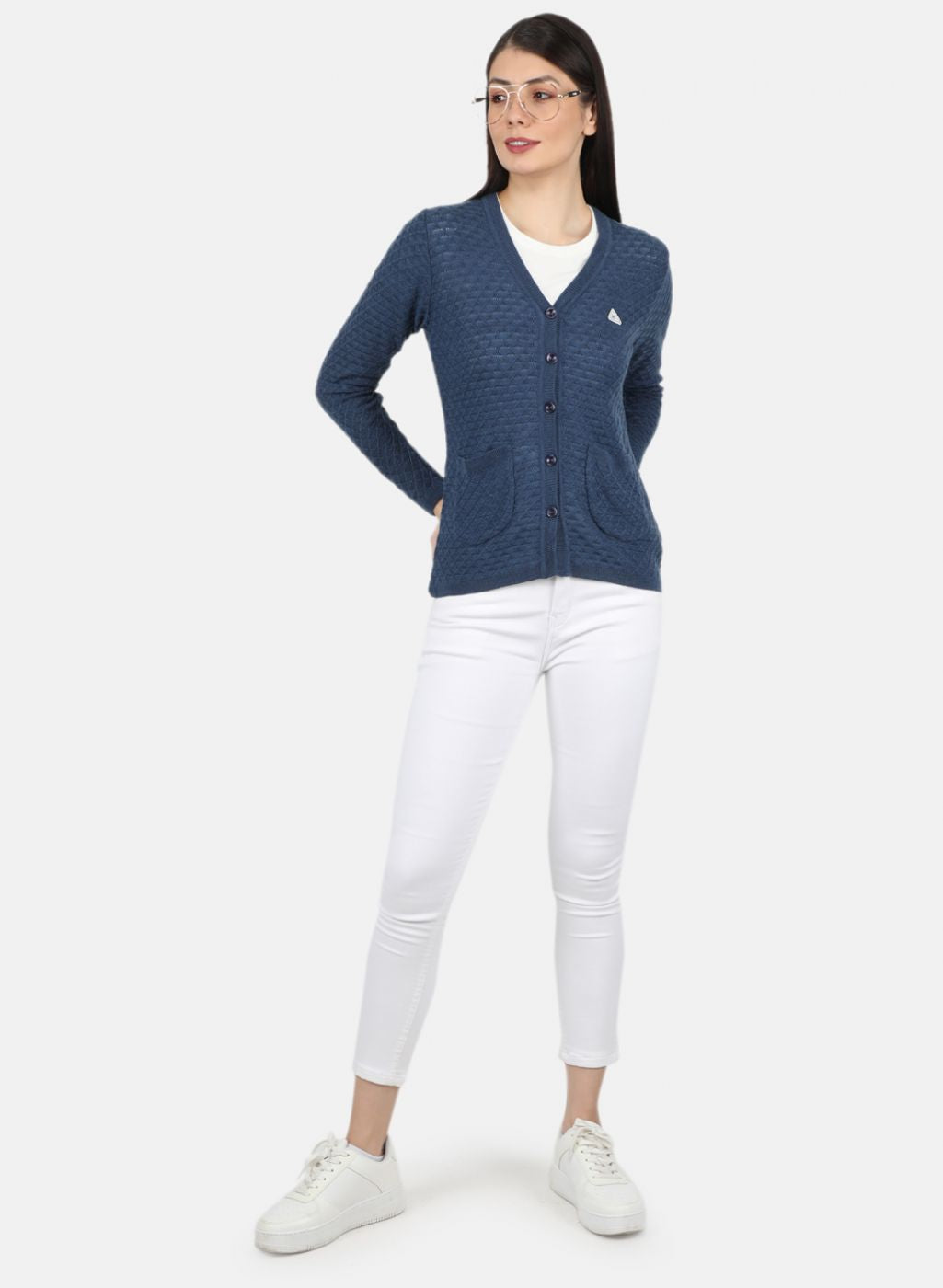 Women Blue Self Design Cardigan