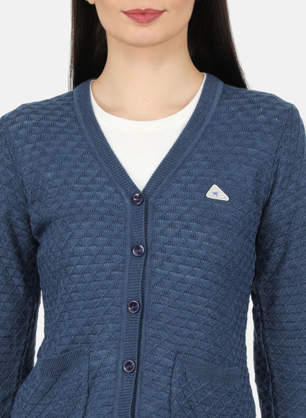 Women Blue Self Design Cardigan