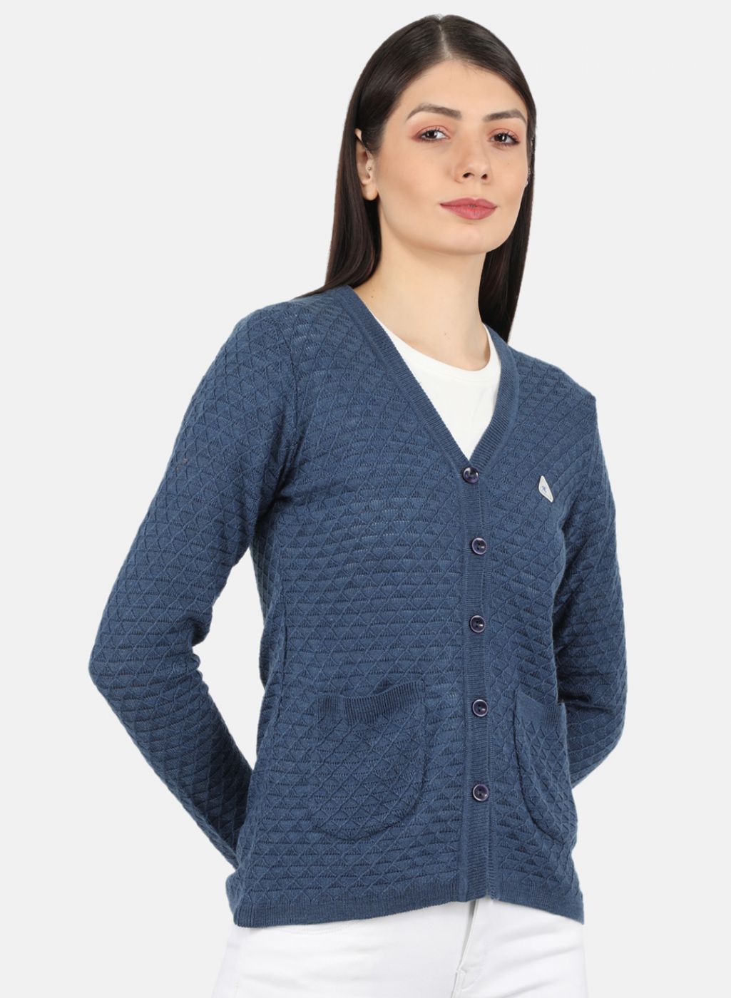 Women Blue Self Design Cardigan