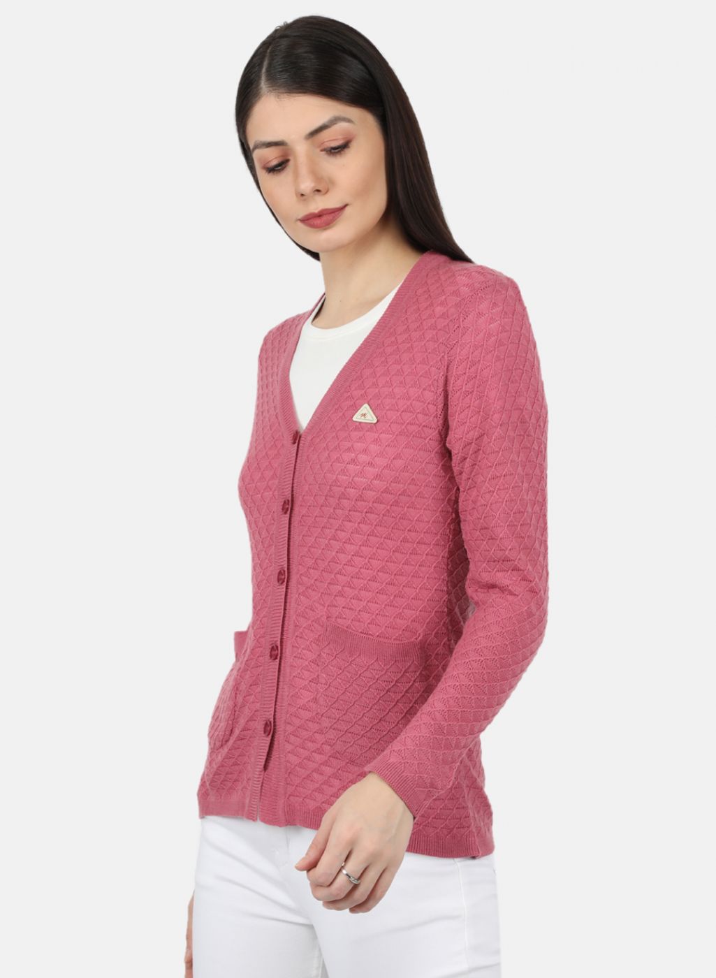 Women Pink Self Design Cardigan