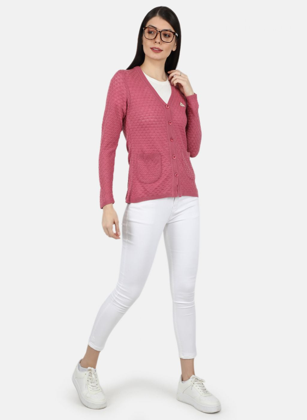 Women Pink Self Design Cardigan