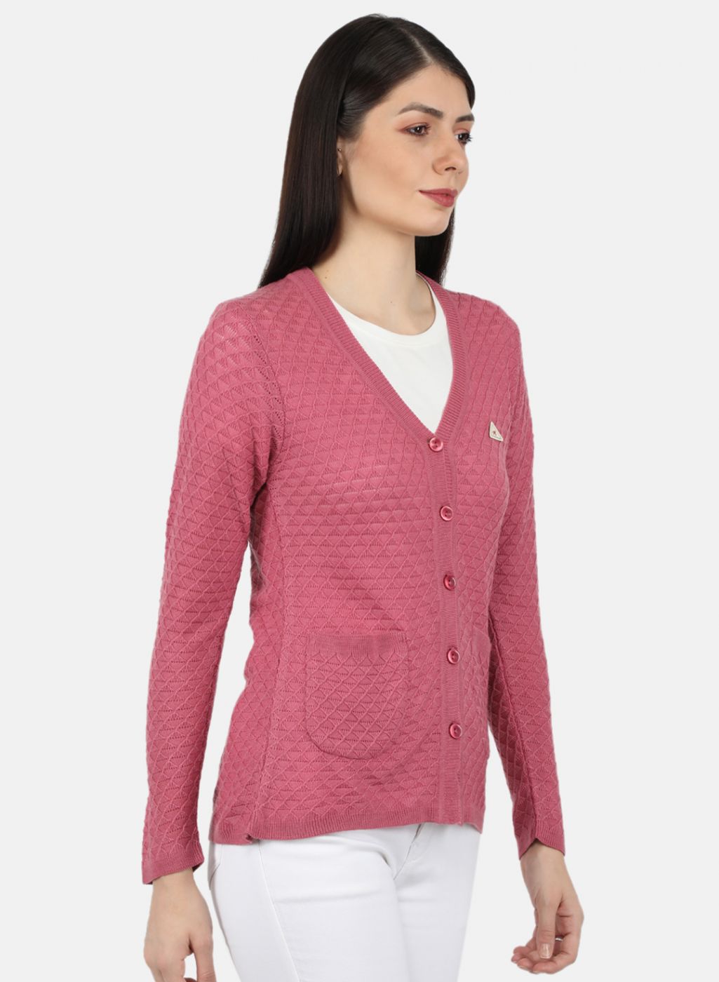 Women Pink Self Design Cardigan