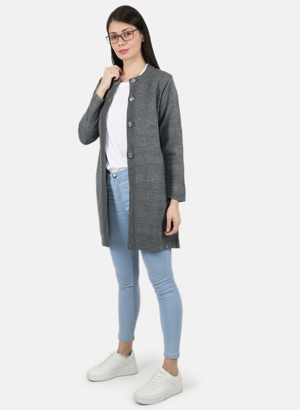 Women Grey Self Design Coat