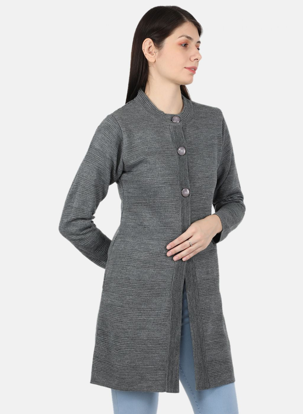 Women Grey Self Design Coat