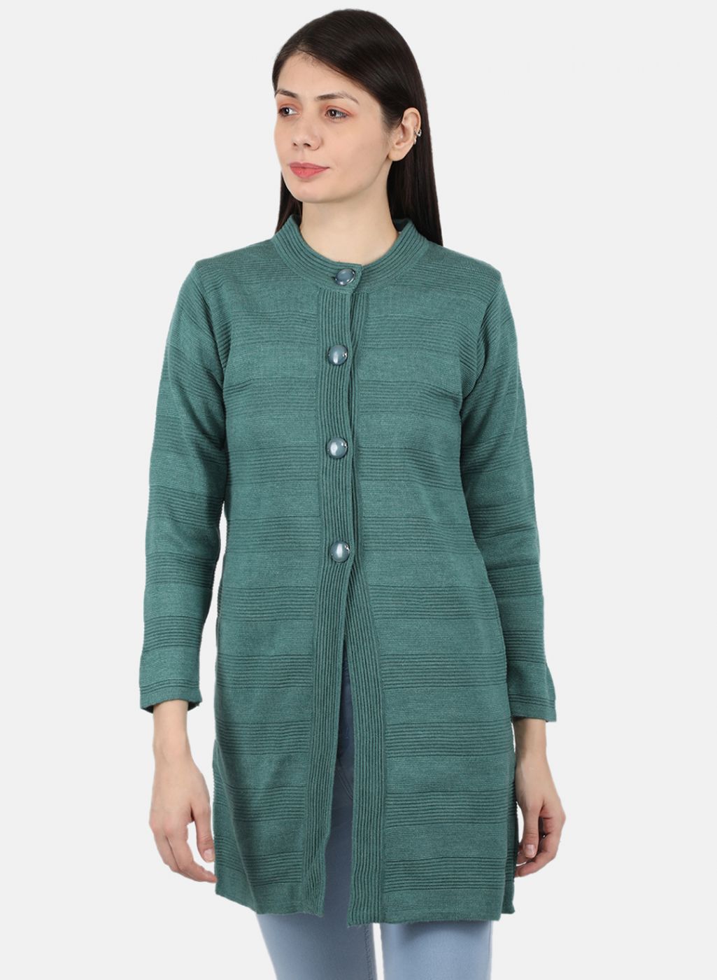 Women Sea Green Self Design Coat