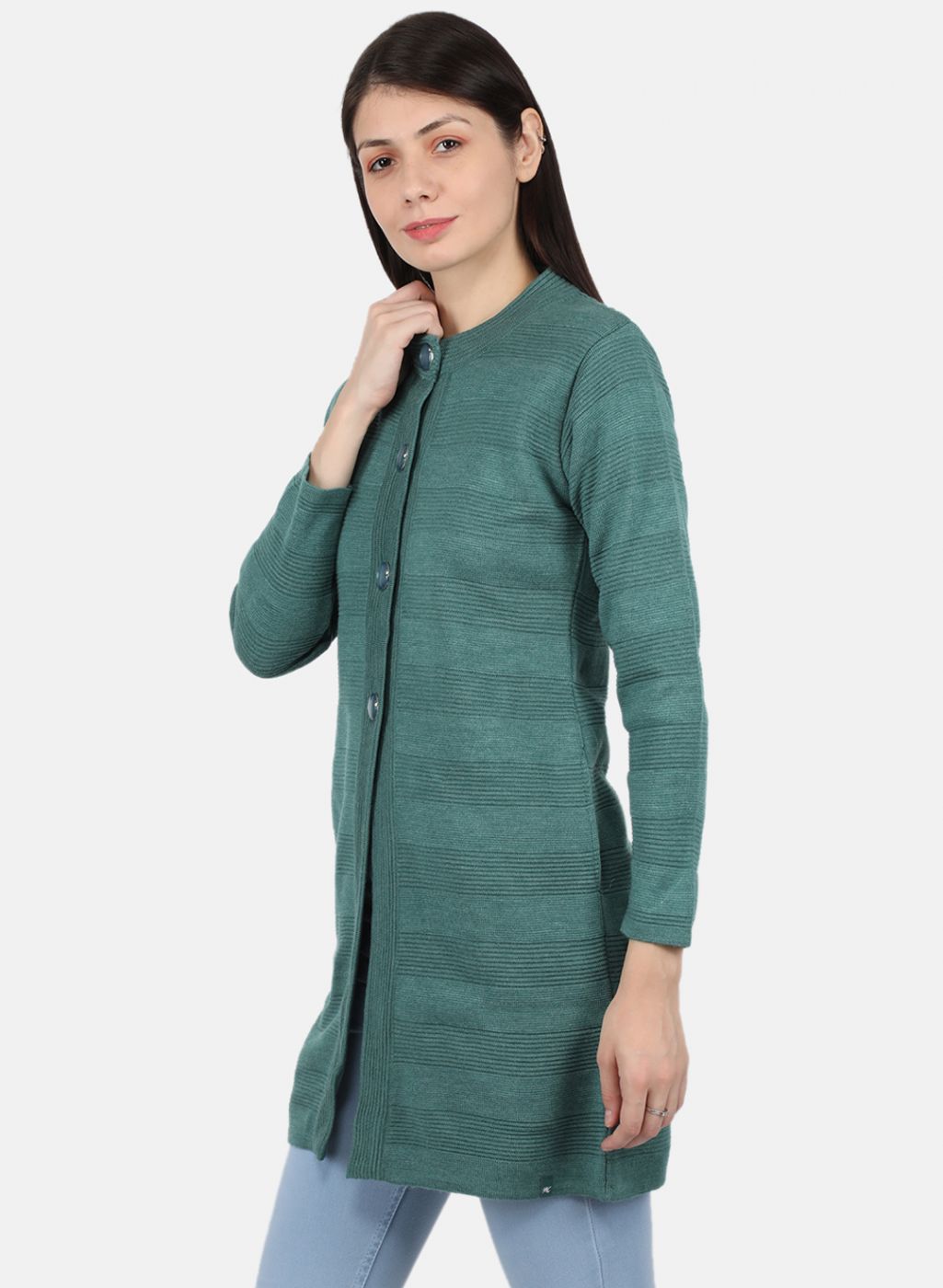 Women Sea Green Self Design Coat