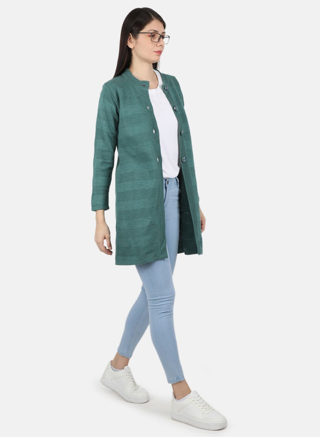 Women Sea Green Self Design Coat