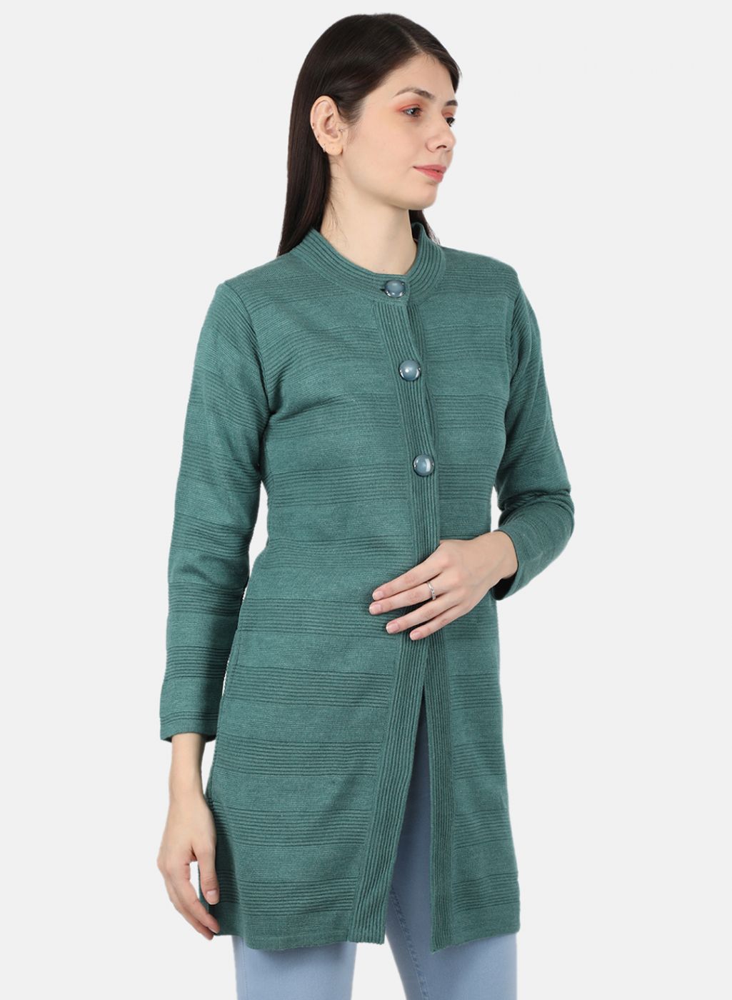 Women Sea Green Self Design Coat