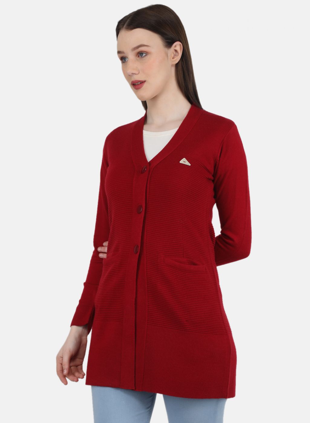 Women Red Self Design Cardigan