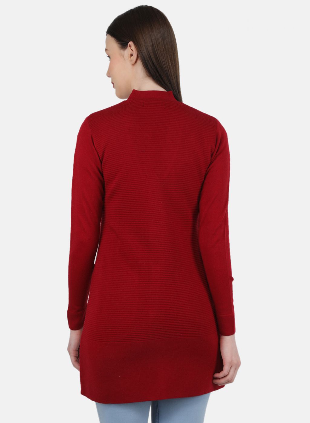 Women Red Self Design Cardigan