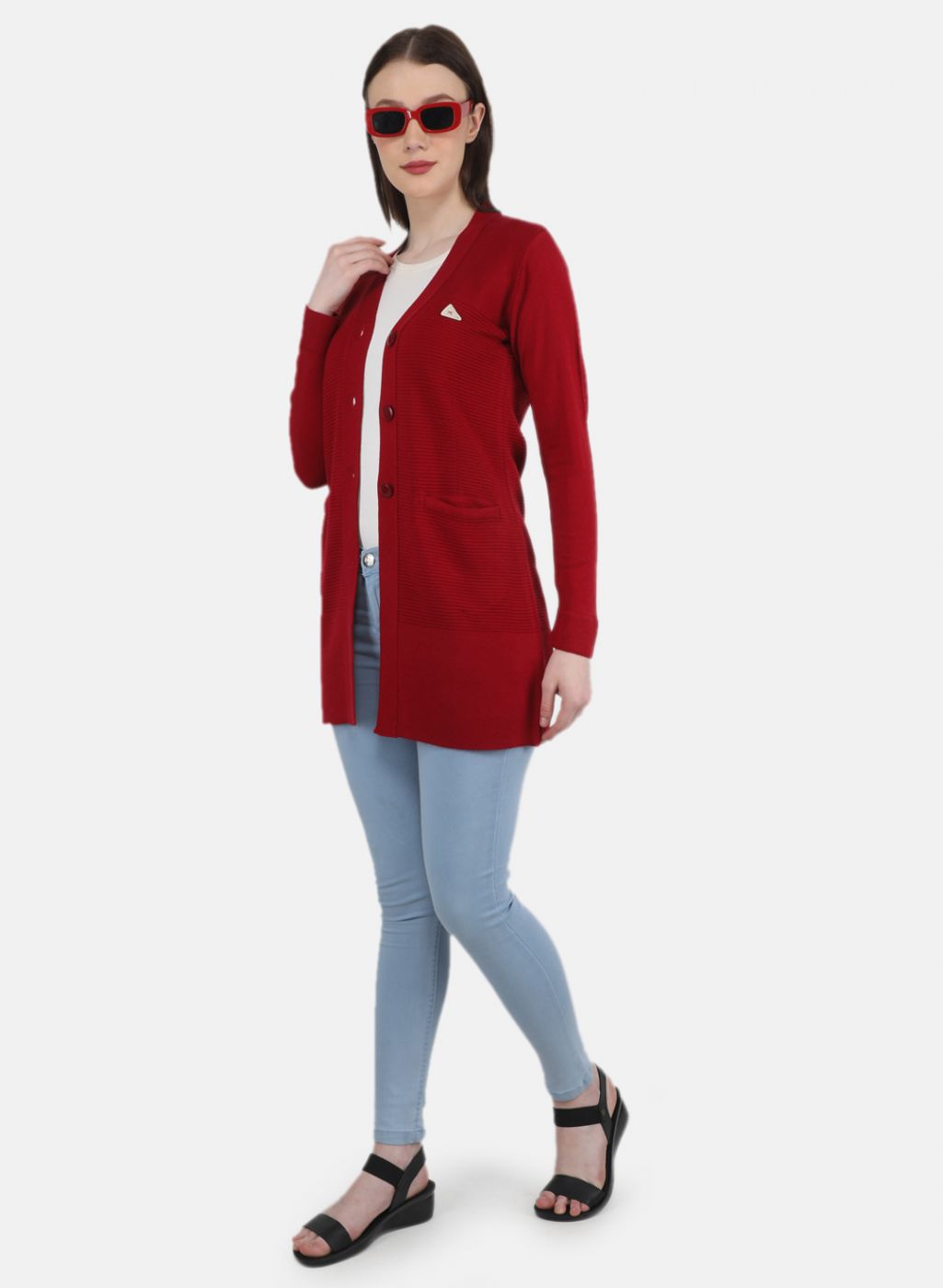 Women Red Self Design Cardigan