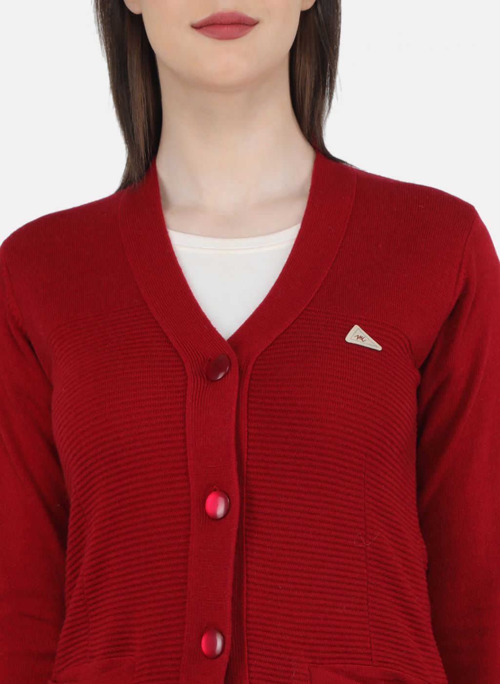 Women Red Self Design Cardigan