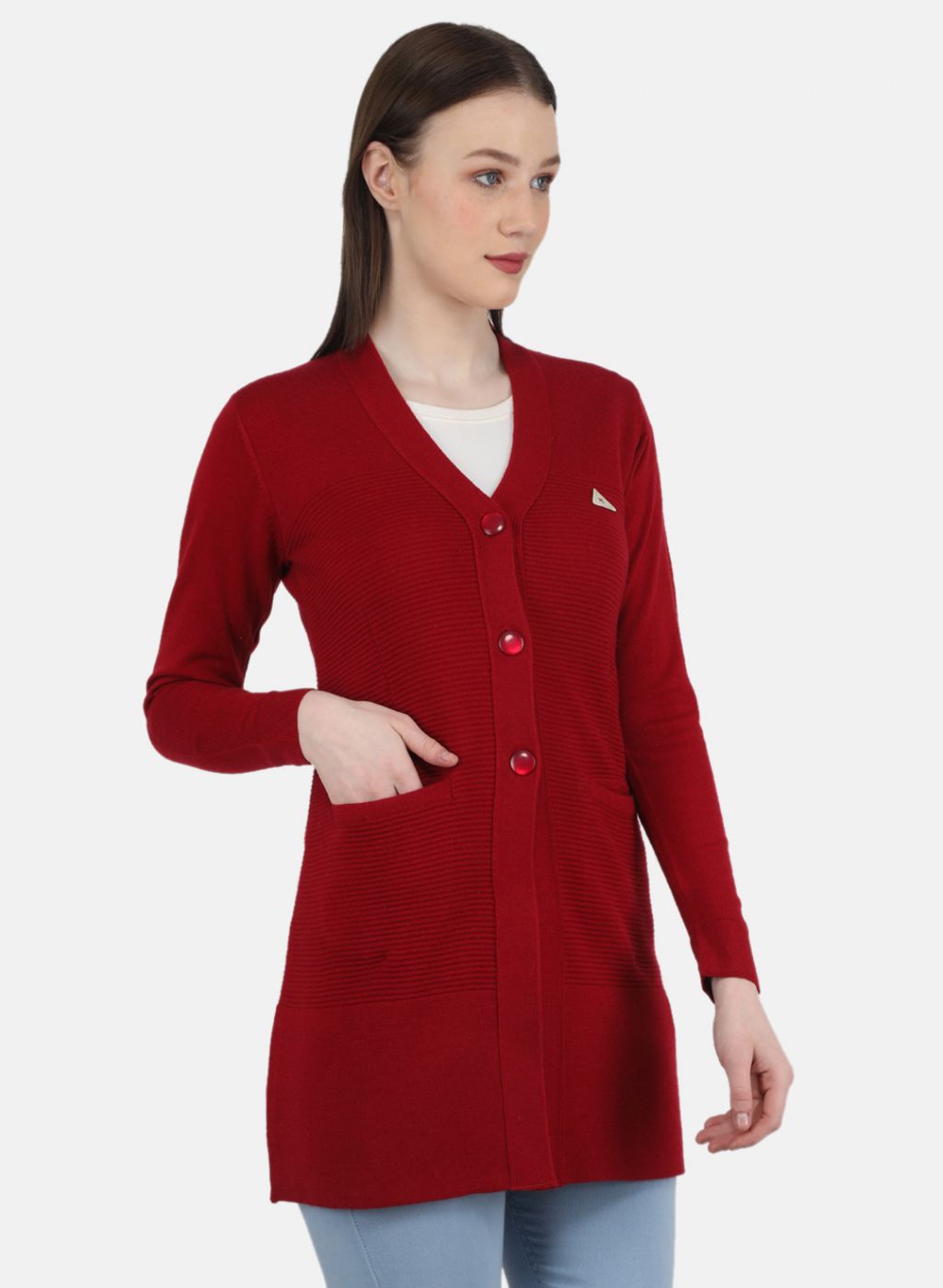 Women Red Self Design Cardigan