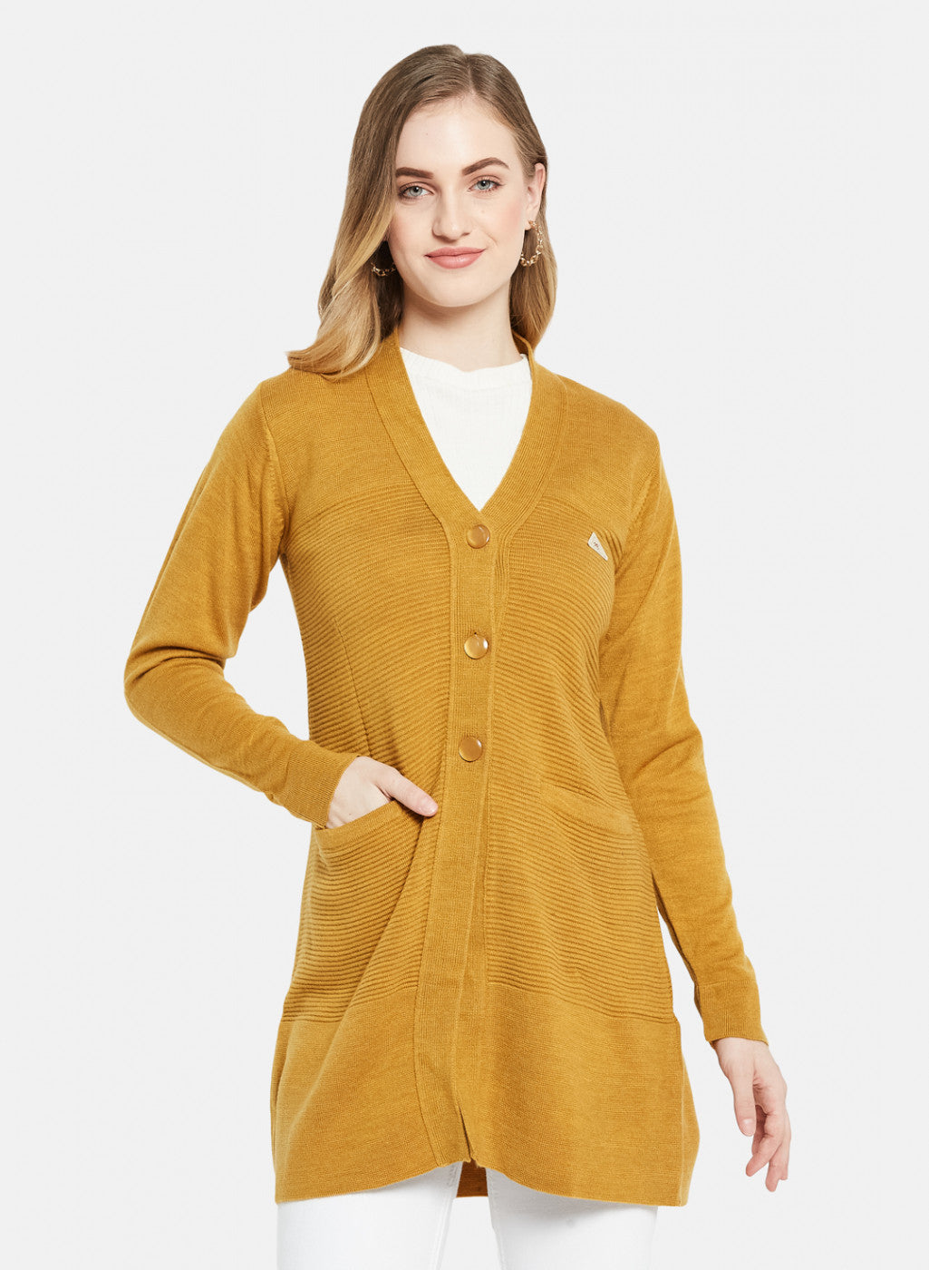 Women Yellow Self Design Cardigan