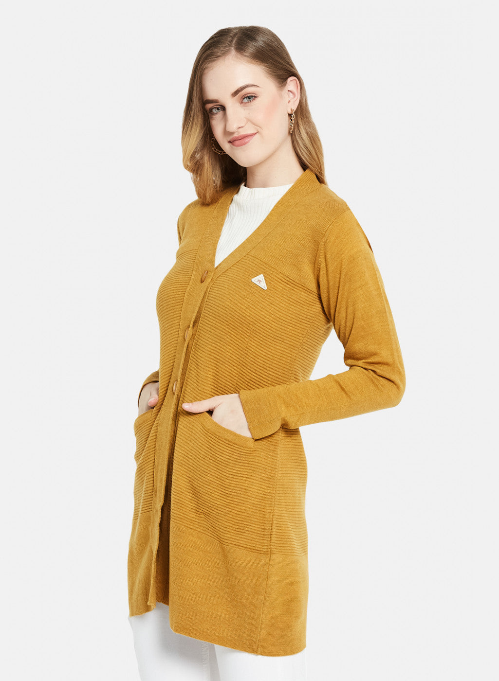 Women Yellow Self Design Cardigan