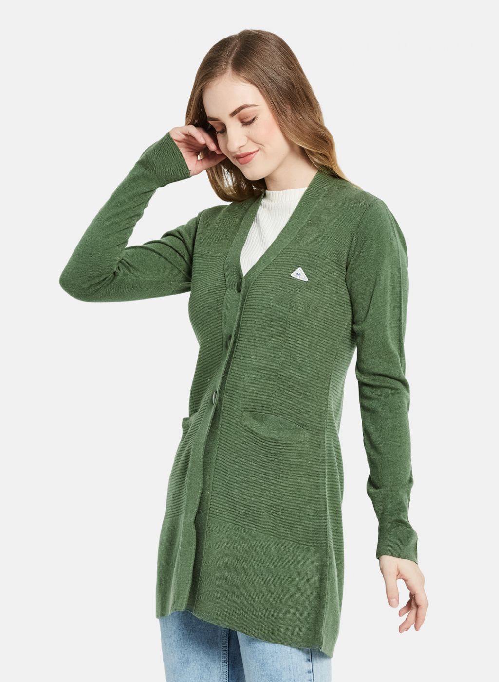 Women Green Self Design Cardigan