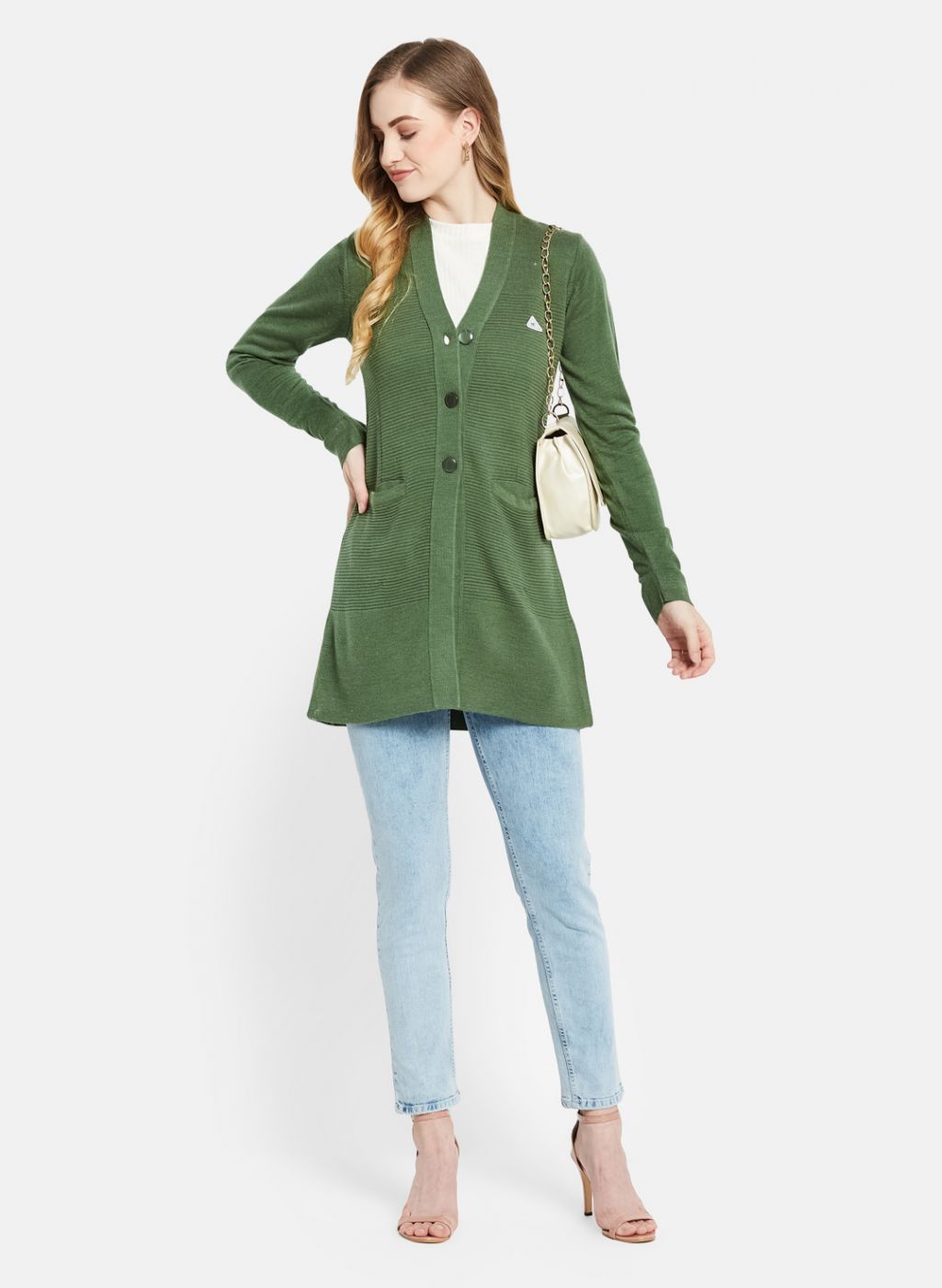 Women Green Self Design Cardigan