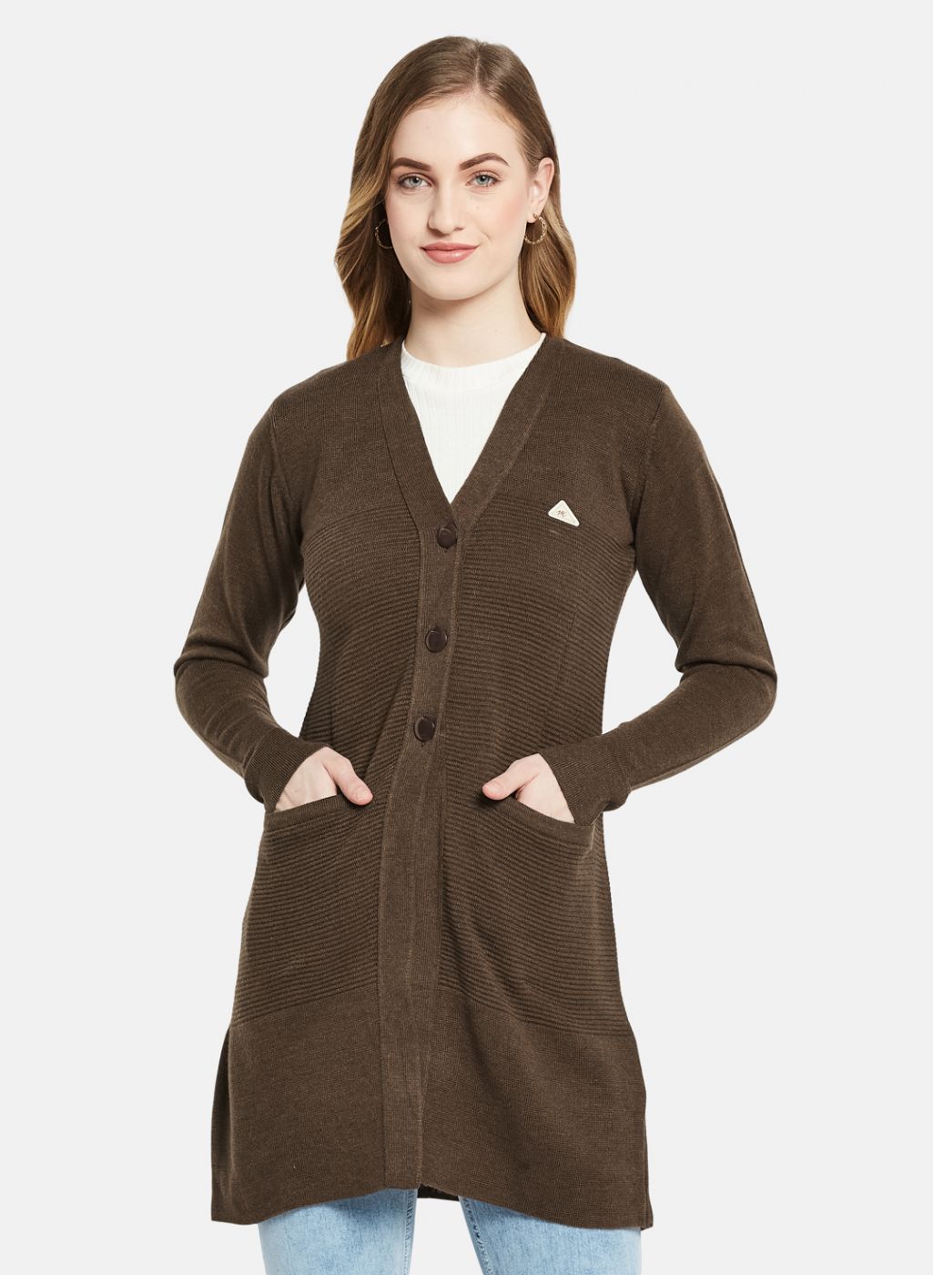 Women Brown Self Design Cardigan