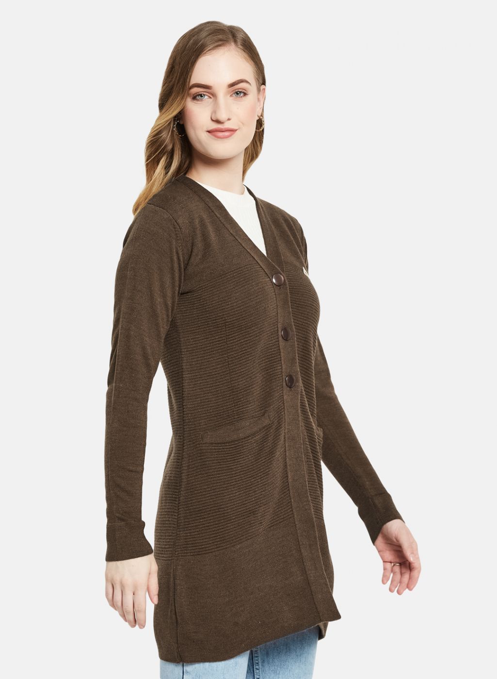 Women Brown Self Design Cardigan