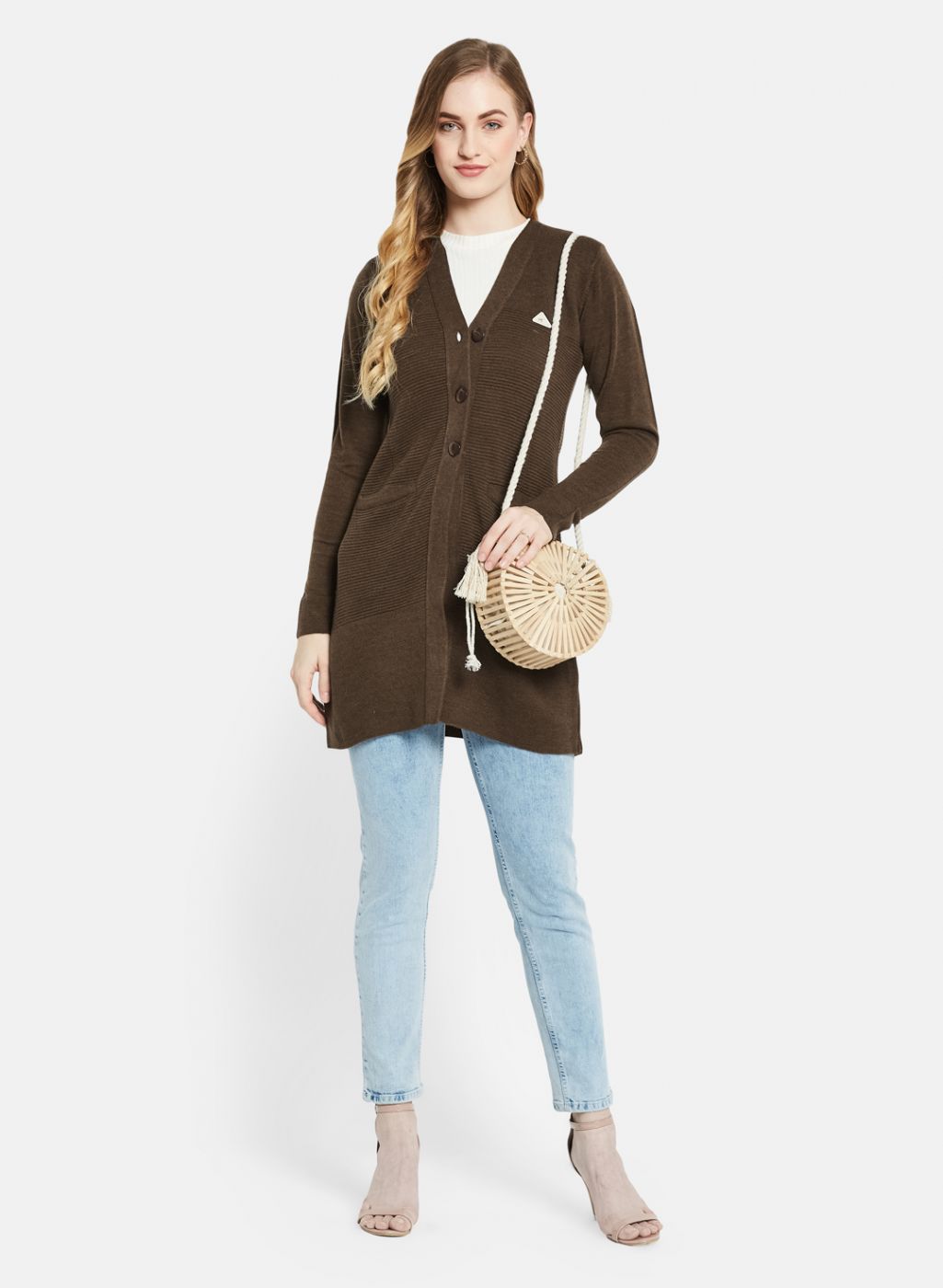 Women Brown Self Design Cardigan